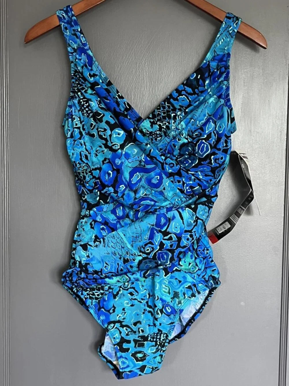 NWT Kirkland Miraclesuit Crossover Drape One Piece Swimsuit Blue Metallic Size 8